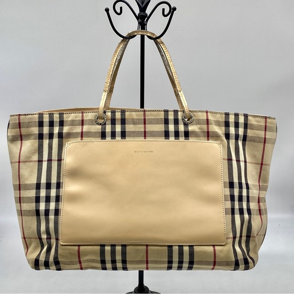 BURBERRY LONDON HOUSE BEIGE LEATHER NOVA CHECK CANVAS MEDIUM TOTE BAG SATCHEL - Picture 1 of 10